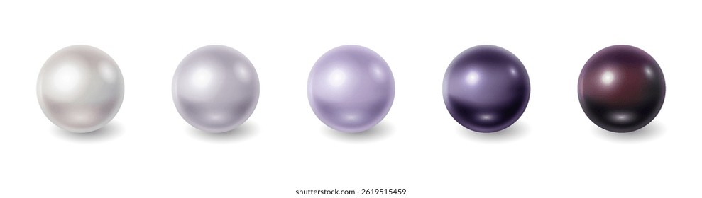 Digital illustration of five realistic pearls in various shades white, gray, lavender, deep purple, black with glossy finish against plain white background perfect for jewelry or decoration design.