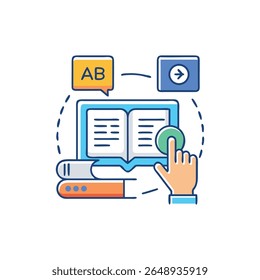 Digital illustration with flat design style shows a hand interacting with an open book for online learning.