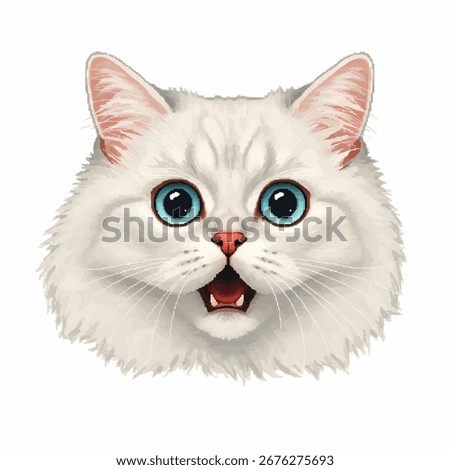 A digital illustration of a fluffy white cat's head, showcasing bright blue eyes and an open mouth, giving a surprised or playful expression.