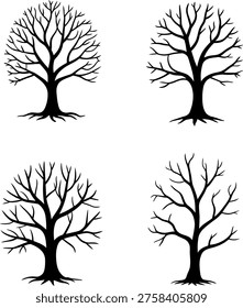 A digital illustration of four bare trees in black silhouette, arranged in a 2x2 grid on a plain white background.