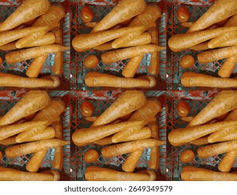 Digital illustration of fresh orange carrots arranged in a repeating grid pattern, captured in a stylized, painterly effect. The vibrant texture and earthy tones evoke a sense of freshness and health,