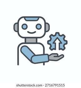 Ilustración digital de un robot amigable que presenta un engranaje con una flecha hacia arriba, que simboliza la inteligencia artificial, la automatización, el progreso y la optimización del sistema.