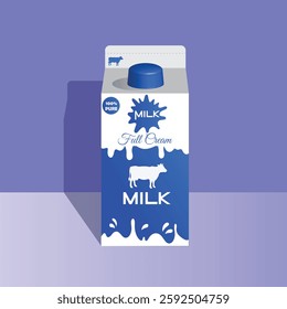  A digital illustration of a full-cream milk carton designed in blue and white. The packaging features a cow silhouette, a "100% Pure" label, and a splash of milk, emphasizing freshness and quality.