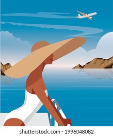 Digital illustration of a gentle blue background and a girl on vacation in the summer at the sea in the sky an airplane with tourists flies