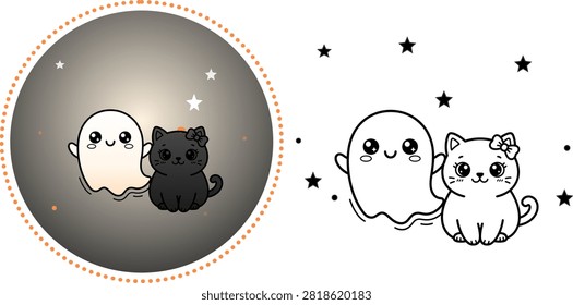 A digital illustration of a ghost and two cats in a night sky with stars, conveying a sense of friendship and magic.