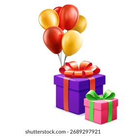 Ilustración digital de cajas de regalo con globos rojos y dorados sobre fondo blanco.