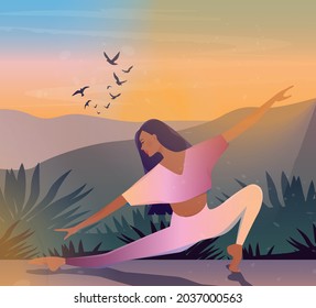 Digitale Illustration eines Mädchens, das bei Sonnenuntergang Yoga macht, in hellen, bunten Farben auf einem Hintergrund von Bergen und Vögeln