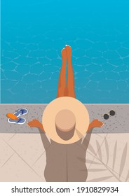 Digital illustration A girl in a hat on vacation uses the sun protective cream and sunbathes under the sun by the pool