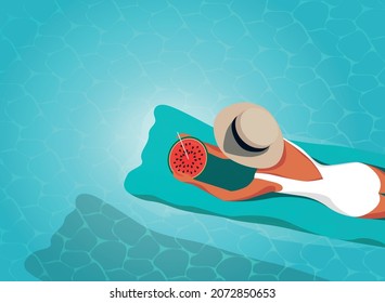 Digital illustration of a girl in a hat resting vacation floating on a mattress in the pool and eating a fresh cold watermelon