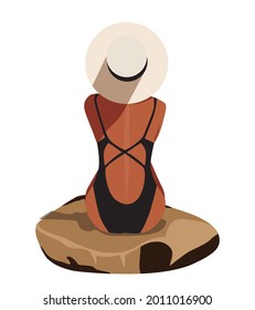 Digital illustration of a girl in a hat and swimsuit sitting on a stone on a white background