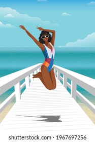Digital illustration of a girl having fun on summer vacation jumping on the pier for a photo and going to swim and sunbathe