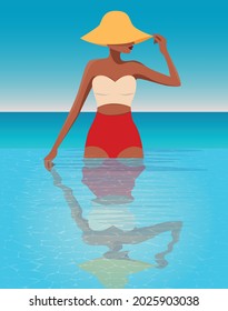 Digital illustration of a girl model in the summer on vacation in a bright bikini in the pool overlooking the ocean