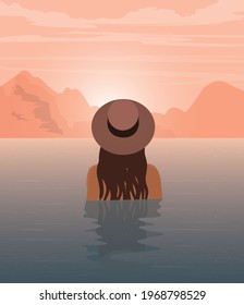 Digital illustration of a girl on summer vacation admiring the pink sunset swimming in the water