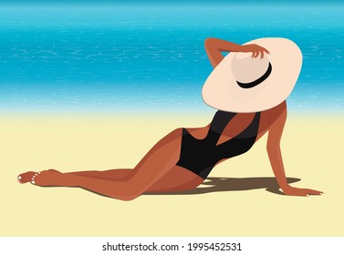 Digital illustration of a girl on summer vacation sunbathing in a bikini on the beach