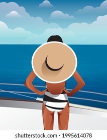 Ilustración digital de una chica en vacaciones de verano con un sombrero y traje de baño a rayas en un crucero de yates mira el paisaje marino y las nubes en el cielo