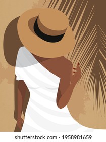 Digital illustration of a girl on vacation in a hat posing for a photo on the background of a palm tree