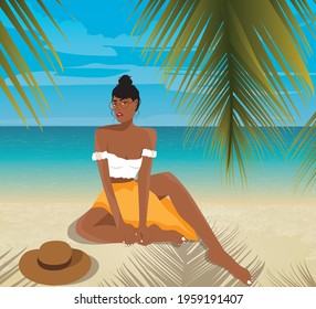 Digital illustration of a girl on vacation sunbathing under a palm tree on the beach and posing against the background of the sea ocean