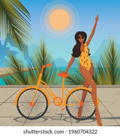 Ilustración digital de una chica de vacaciones se alegra de que la pasen en bicicleta y toma una foto en el fondo de las palmeras