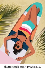 Digital illustration of a girl on vacation in summer sunbathing on a surfboard and posing for a photo

