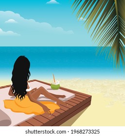 Digital illustration of a girl on vacation sunbathing on the beach on a sunbed by the ocean