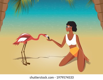 Digital illustration of a girl on vacation in the summer resting on the beach and feeding the flamingo