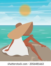 Digital illustration of a girl on vacation admires the ocean while sitting on a stone in a big brimmed hat