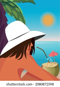 Digital illustration of a girl on vacation tanning under a palm tree with a coconut