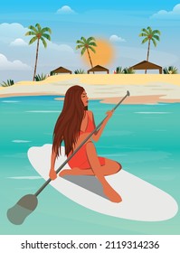 Digital illustration A girl on vacation in the Maldives on an island in a beautiful swimsuit swims and relaxes on a surfboard