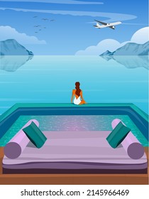 Digital illustration of a girl on vacation sitting by the pool and admiring the beautiful views of the ocean or sea in the tropics