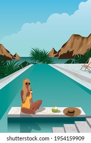 Digital illustration Girl resting on vacation having breakfast with coffee in the pool overlooking the mountains sea ocean