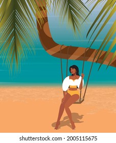 Digital illustration of a girl resting on vacation in the summer swinging on a swing under a palm tree on the seashore of the ocean