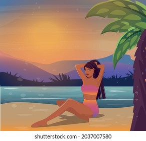 Digital illustration of a girl resting on the sea surrounded by tropical nature and bright book illustration