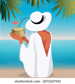 Ilustración digital de una niña descansando de vacaciones sentada en la orilla del océano con un coco y usando un sombrero solar