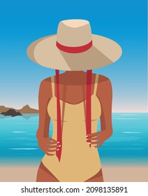 Digital illustration girl resting on vacation in a hat on the beach