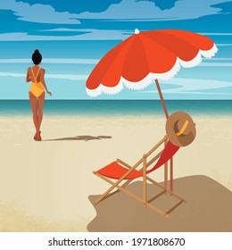 Digital illustration Girl in summer on vacation sunbathes under an umbrella on a deck chair and goes to swim
