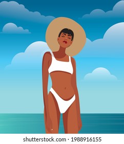 Digital illustration of a girl in summer on vacation swims in the ocean and sunbathes on the beach in a bikini