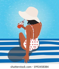 Digital illustration of a girl in summer on vacation swims sunbathes and drinks juice by the pool