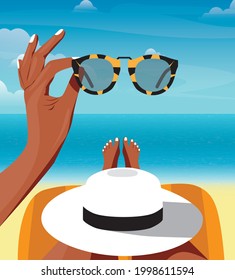 Digital illustration of a girl sunbathing on the beach on vacation holds glasses in her hand and looks through them at the ocean