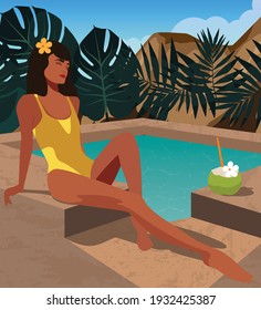 Digital illustration of a girl surrounded by palm trees sunbathing by the pool on vacation on a trip
