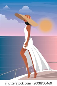 Digital illustration of a girl tourist on summer vacation in a dress and hat on a yacht meets a tropical sunset in the ocean