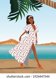 Digital illustration of a girl traveling resting on vacation posing on the sand under a palm tree in a beautiful white dress with a cherry pattern