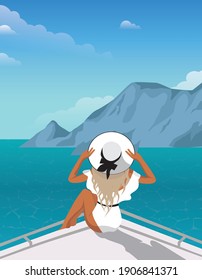 Digital illustration a girl in a white swimsuit and a hat travels on a liner on a cruise on vacation admires the landscape of the sea and mountains