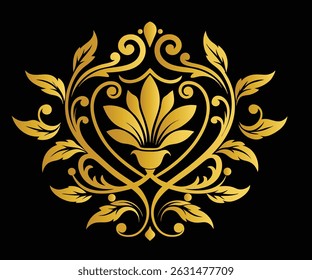 A digital illustration of a golden, ornate floral design on a black background. The design features a large, stylized flower with multiple petals at the center, surrounded by intricate.