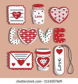 Ilustración digital elementos gráficos pegatinas de doodle corazones de bebé sobre cadena de claves jarra de vidrio para el cumpleaños de San Valentín