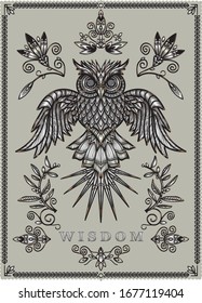 DIGITAL ILLUSTRATION OF GREEK ANCIENT OWL WITH OPEN WINGS AND ANCIENT DESIGNS  