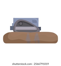 Digital illustration of a grey stapler placed on a wooden desk, with a plain background