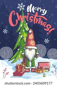 Digital Illustration. Hand-drawn 100 vector image. Vertical christmas card. Christmas gnome in a hat, Christmas tree, box with gifts, Christmas tree toys against the background of the night sky