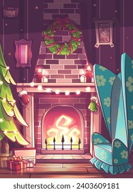 Digital Illustration. Hand-drawn 100 vector image. Vertical color illustration classic fireplace with brick surround in house, Christmas tree with garlands, gifts, an armchair and a floor lamp