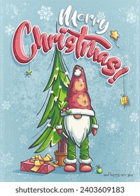 Digital Illustration. Hand-drawn 100 vector image. Vertical christmas card. Christmas tree, gnome in a hat, box with gifts, Christmas tree toys