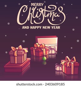 Digital Illustration. Hand-drawn 100 vector image. Holiday greeting card Happy New Year and Merry Christmas background. Gift boxes, snow
